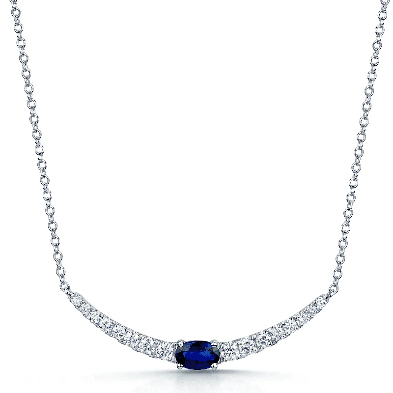 Colorful Chain Necklace for Summer Festivals-18ct White Gold Oval Sapphire And Round Brilliant Diamond Curve Necklace