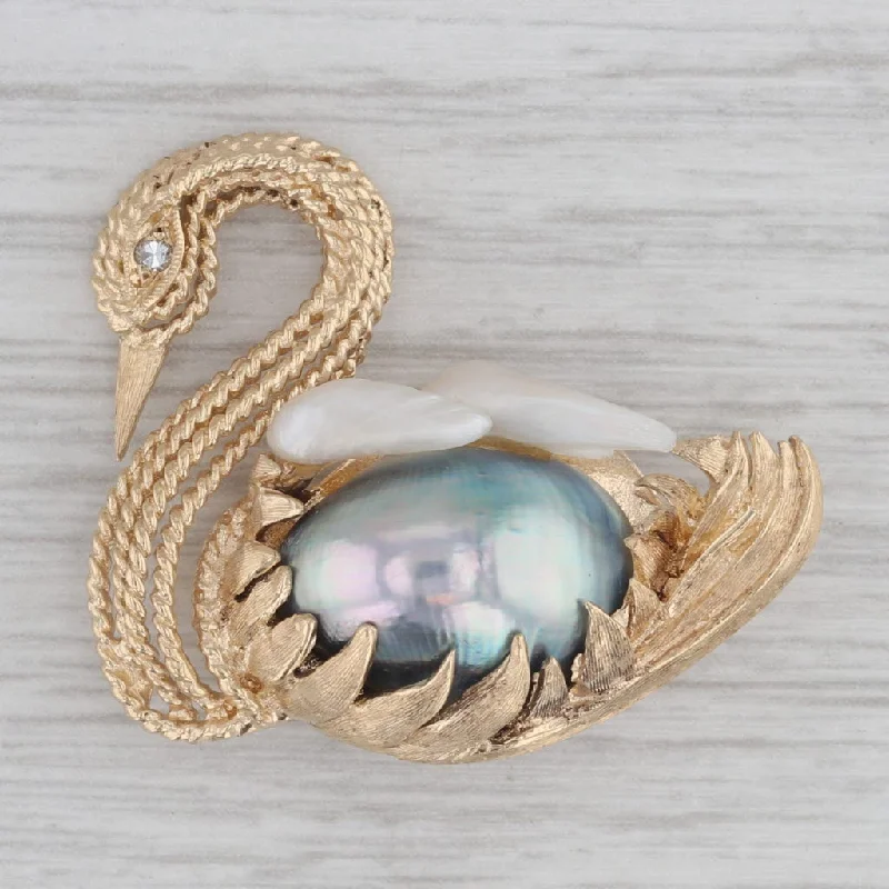 Elegant Brooch With Pearls-Cultured Pearl Shell Diamond Swan Brooch 14k Yellow Gold Statement Pin