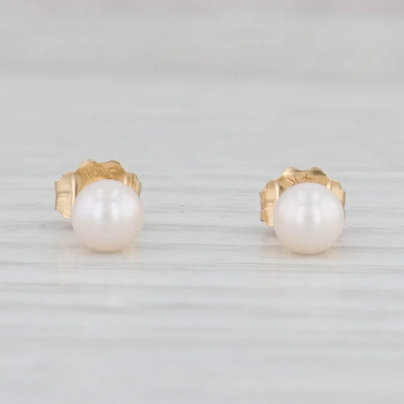 Bright Silver Earrings for Summer-New Cultured Pearl Stud Earrings 14k Yellow Gold 4.2mm Round Bead Solitaires