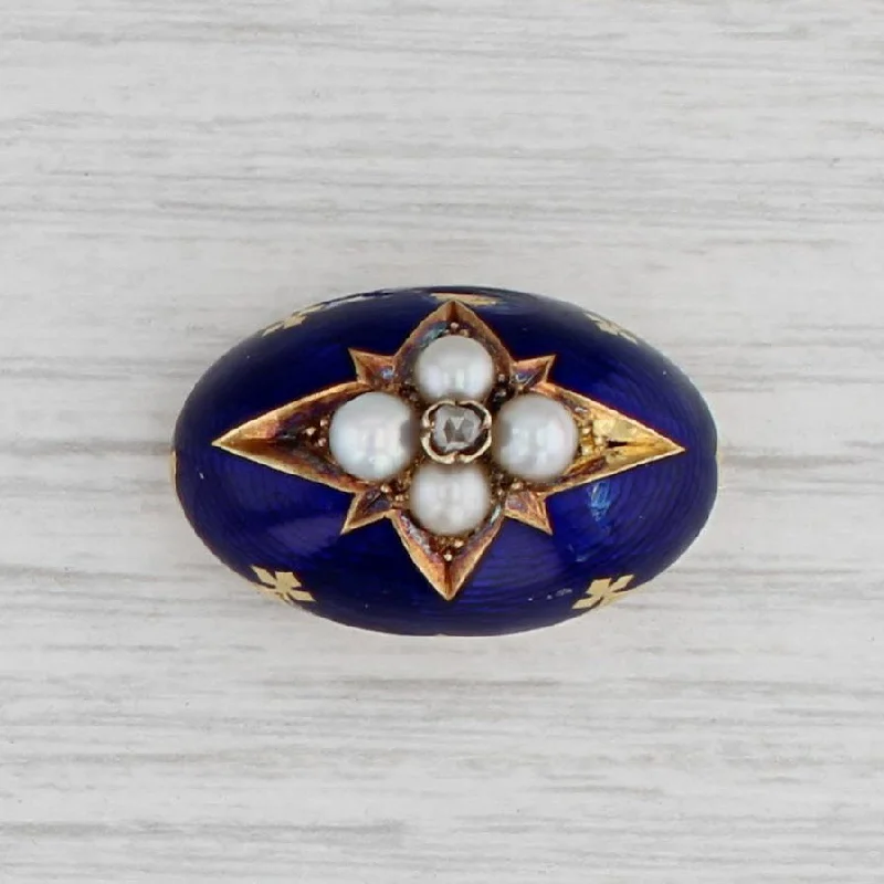 Large Floral Brooch Pin-Antique Pearl Diamond Enamel Brooch 14k Gold Enamel Pin