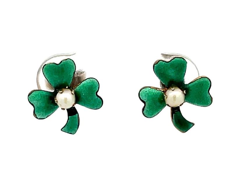 Colorful Earrings for Festivals-3 Leaf Clover and Pearl Green Enamel Earrings in 14k Gold