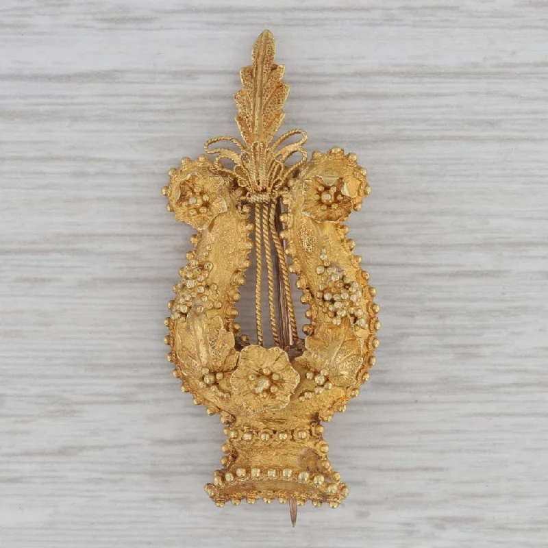 Wedding Brooch For Bride-Antique Floral Harp Lyre Brooch 14k Yellow Gold 1800s Pin Made in England