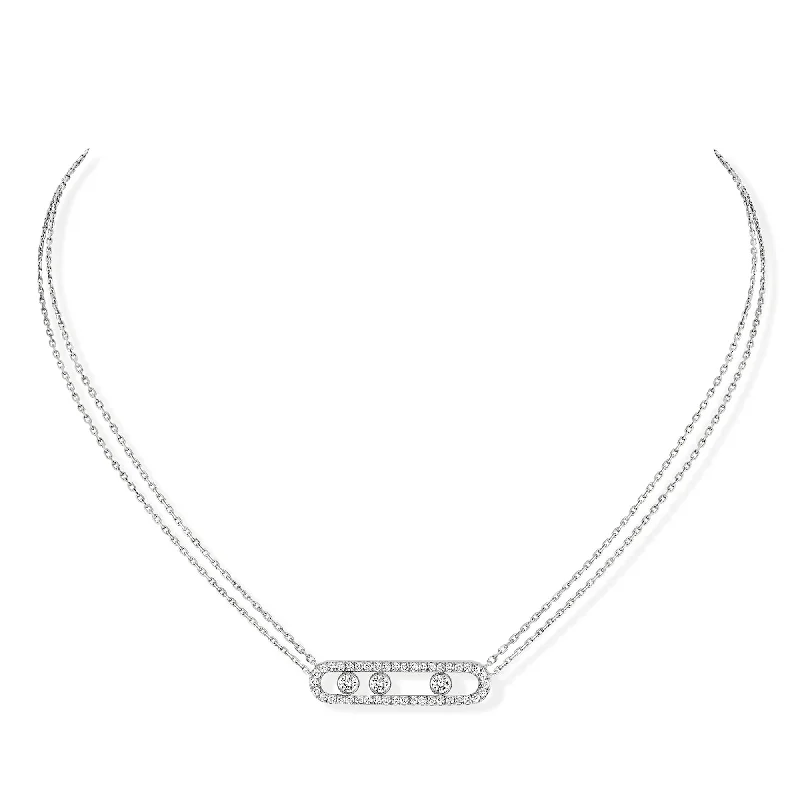 Vintage Style Pearl Necklace for Brides-18ct White Gold Move Pave Three Diamond And Pave Set Diamond Necklace