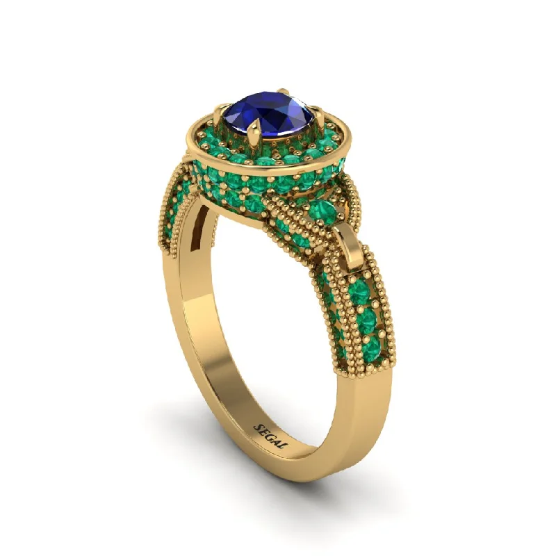 Luxury Gold Ring with Large Ruby-Sapphire Double Halo Handmade Engagement Ring - Gracelyn No. 28