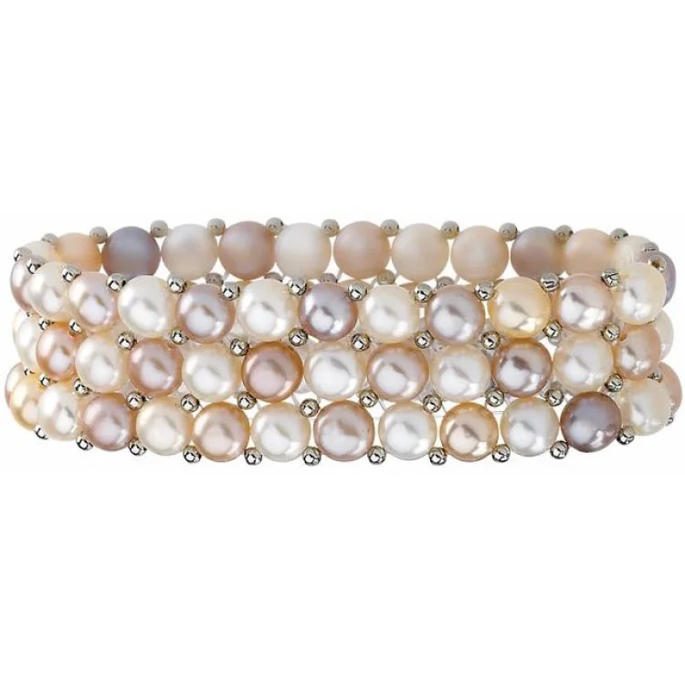 Trendy Gold Bracelet with Polished Charms-Sterling Silver Freshwater Cultured Natural Multi-Colored Pearl 3 Row Stretch Bracelet