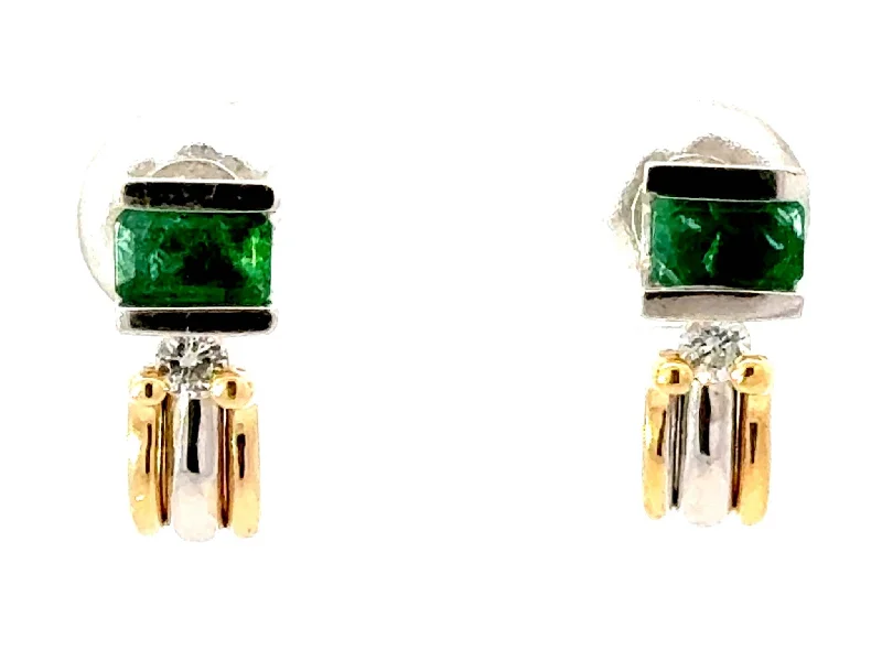 Personalized Wedding Earrings-BH Emerald Diamond 14K Two Toned Gold Earrings