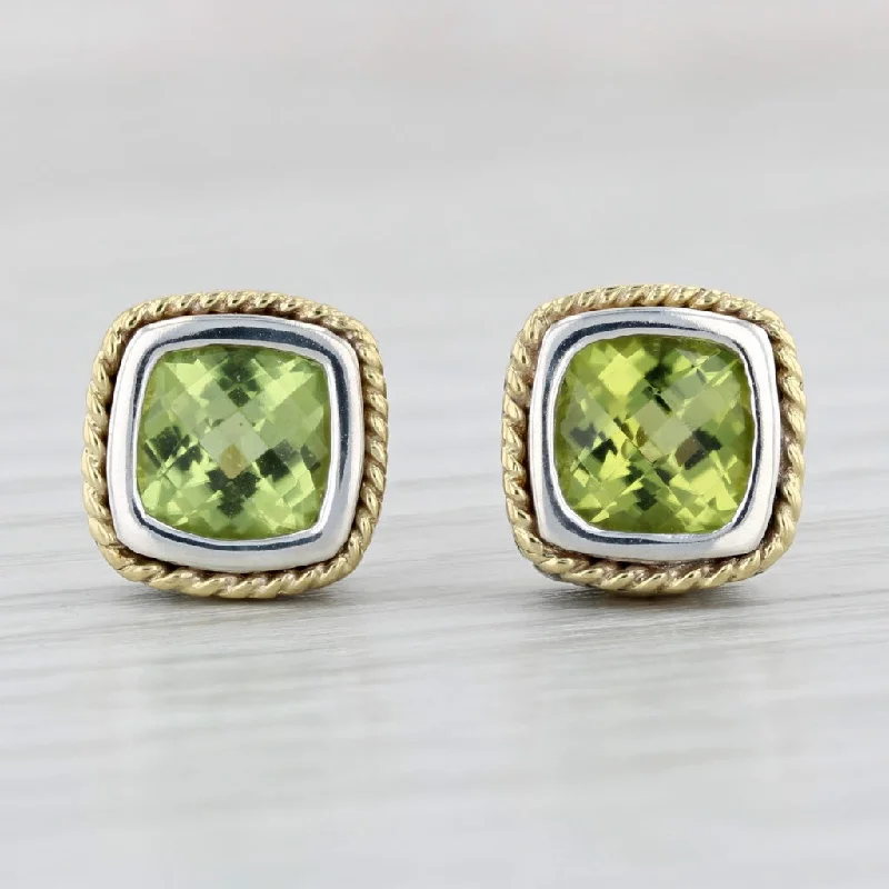 Cute Silver Earrings for Teenagers-2.20ctw Peridot Stud Earrings 18k Gold Sterling Silver Cushion Solitaires