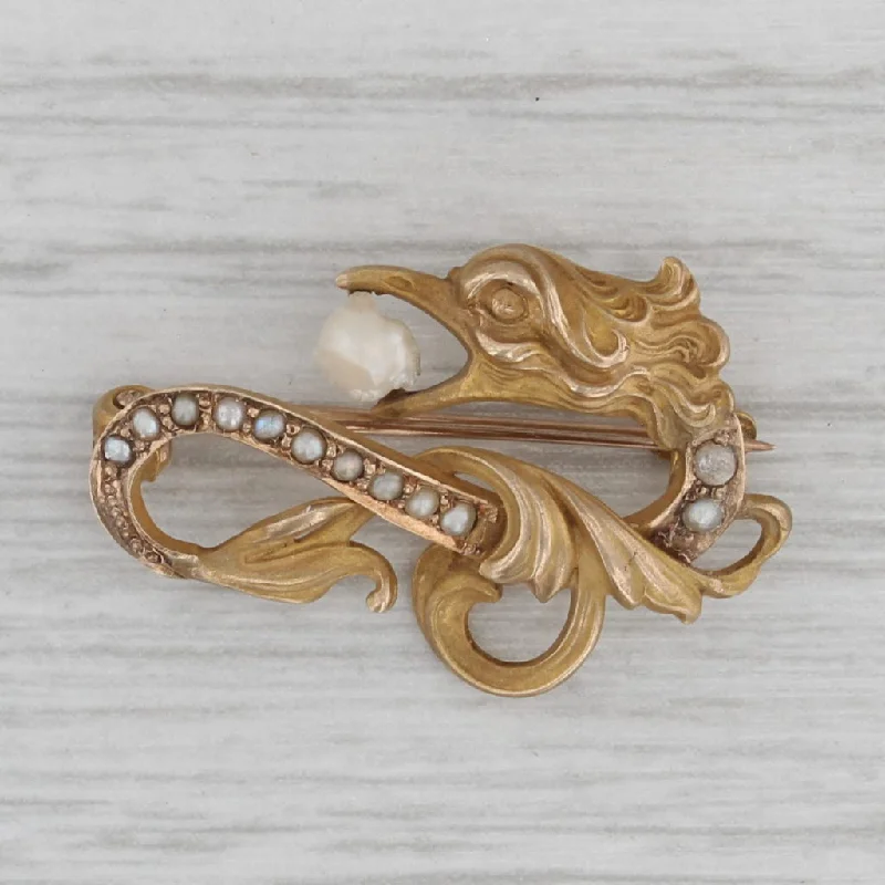 Creative Brooch Designs-Art Nouveau Cultured Baroque Pearl Dragon Pin 10k Yellow Gold Antique Brooch