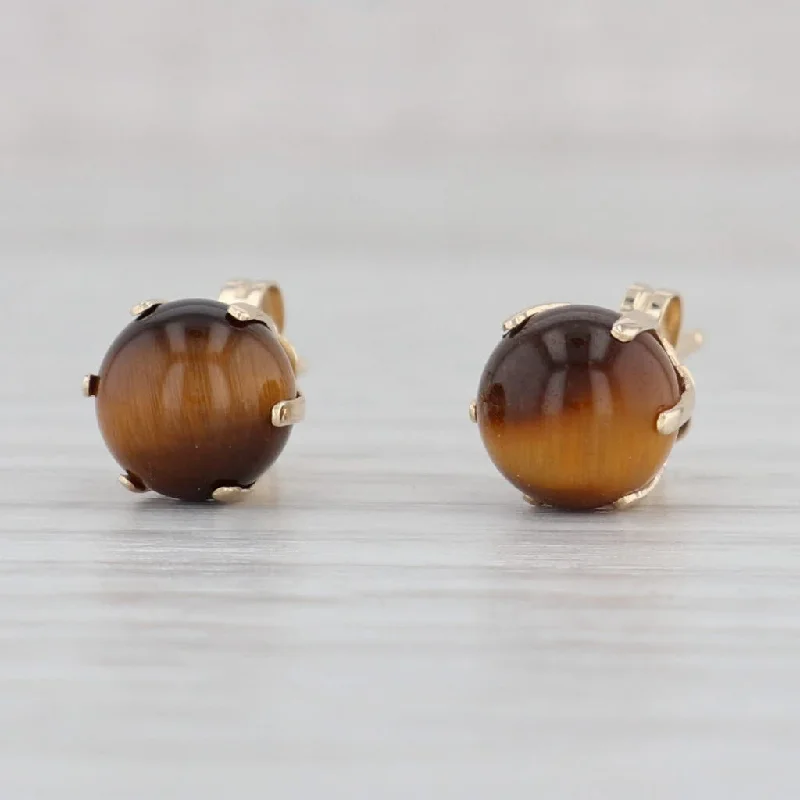 Elegant Sapphire Earrings for Special Events-Vintage Tiger's Eye Stud Earrings 14k Yellow Gold Brown Round Cabochons