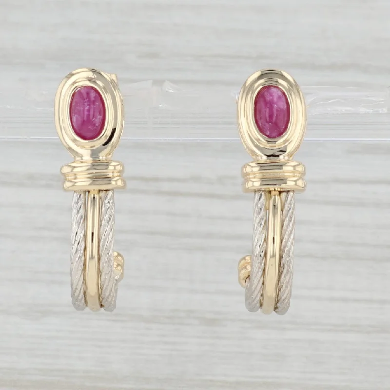 Large Crystal Earrings for Evening Events-Ruby Cabochon J Hook Earrings 14k Yellow White Gold Drop