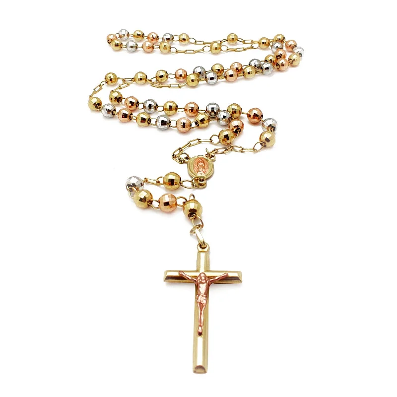 Customized Pendant Necklace with Name-Tricolor Diamond-Cut Rosary Necklace (14K)