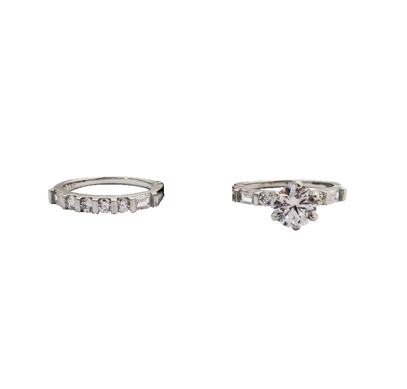 Classic Silver Wedding Ring with Channel Set Diamonds-Two Piece Set Engagement Rings (Silver)