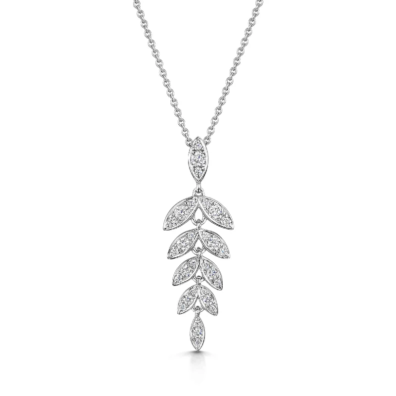 Designer Necklace with Colored Gemstones-18ct White Gold Round Brilliant Diamond Leaf Pendant