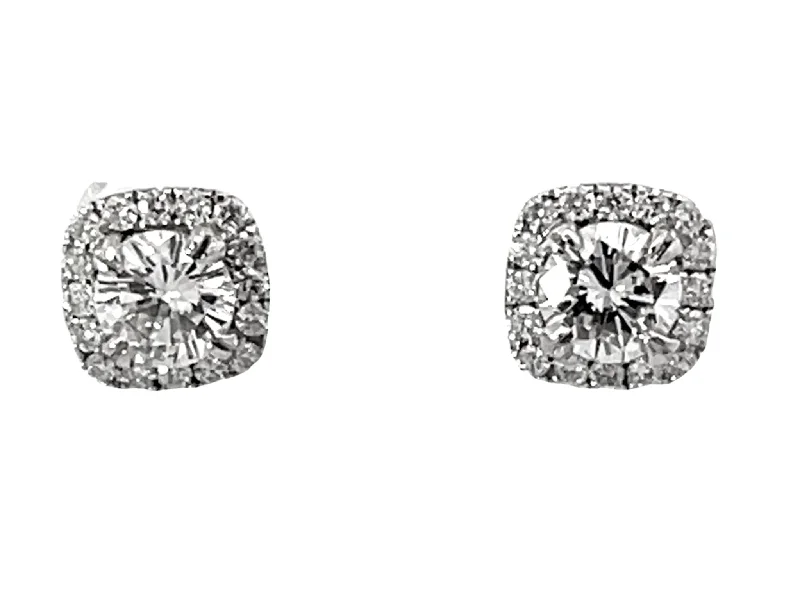 Elegant Gold Earrings for Special Events-Cushion Diamond Halo Diamond Stud Earrings 18k White Gold