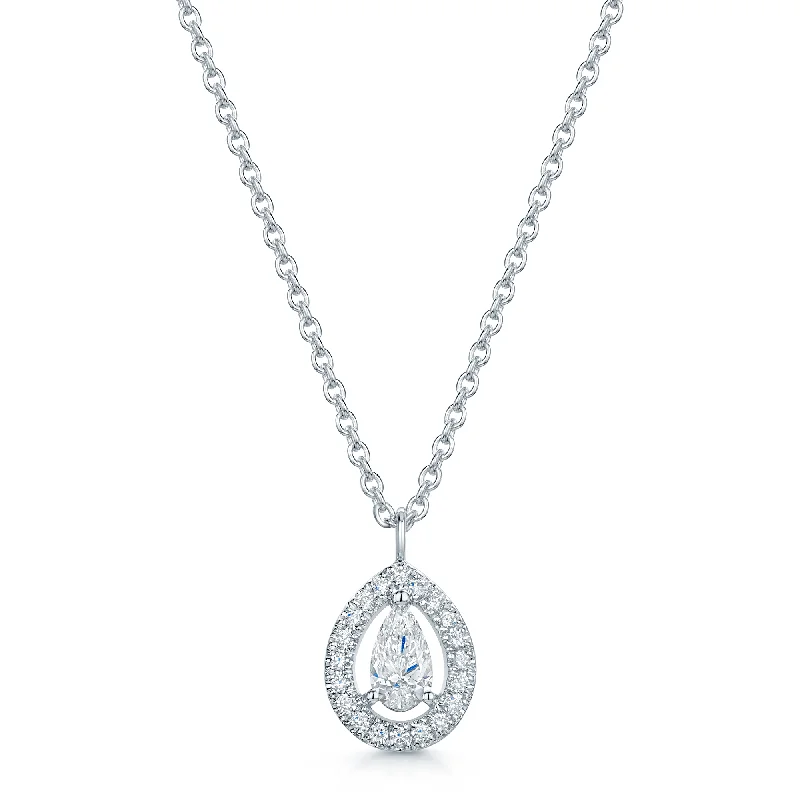 Dainty Gold Necklace with Small Heart Pendant-18ct White Gold Pear Cut Diamond Halo Pendant