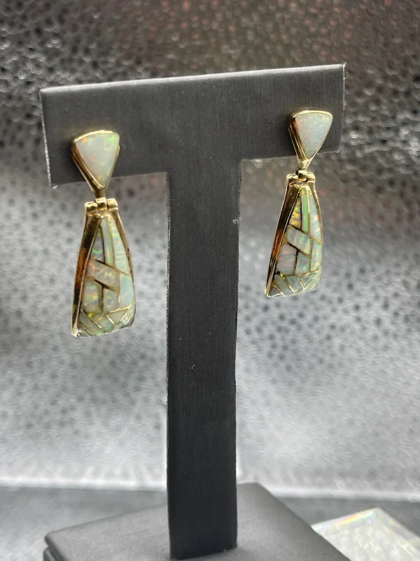 Crystal Earrings for Casual Wear-Ladies 14 Karat Solid Yellow Gold Opal Dangling Earrings