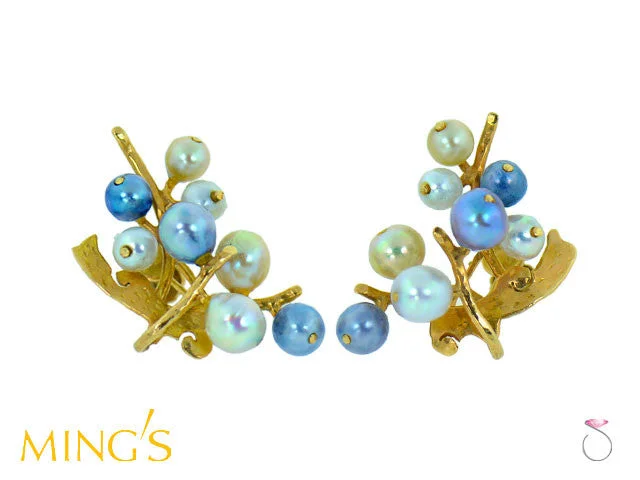 Chic Gold Drop Earrings-Ming's Honolulu Multi Color Pearls Branch 14K Gold Earrings