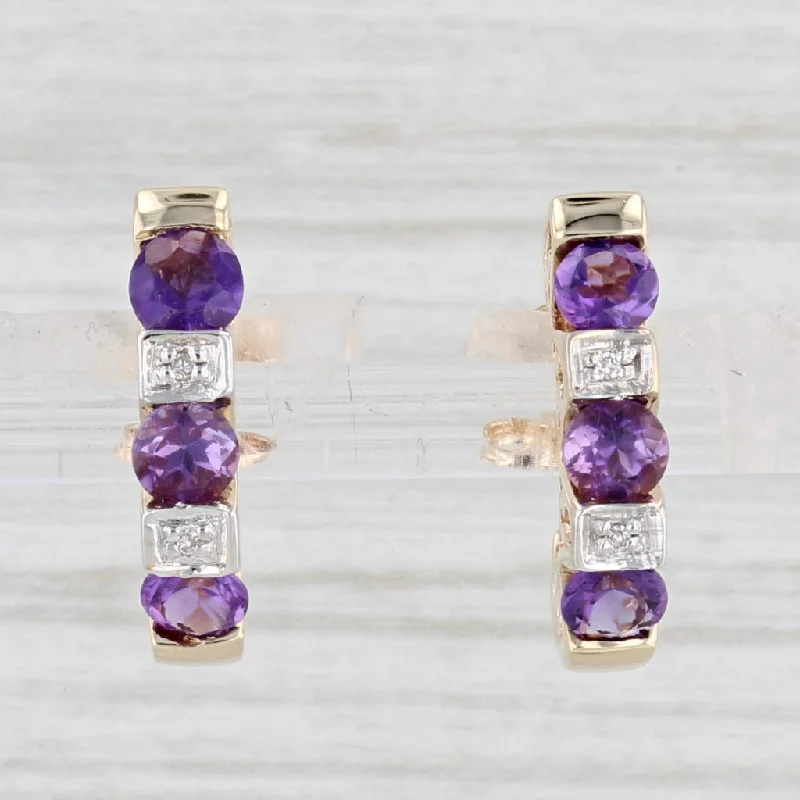 Floral Stud Earrings for Women-1.20ctw Amethyst Diamond Journey J-Hook Earrings 10k Yellow Gold