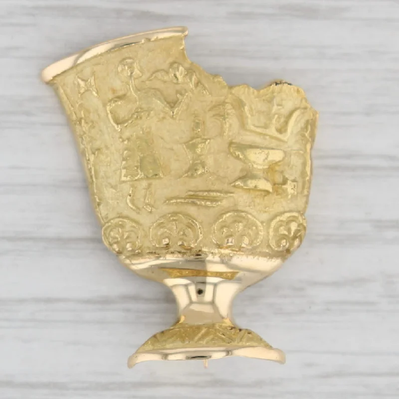 Enamel Brooch For Fall Fashion-Grecian Urn Goblet Brooch 18k Yellow Gold Figural Vintage Pin Made in Greece