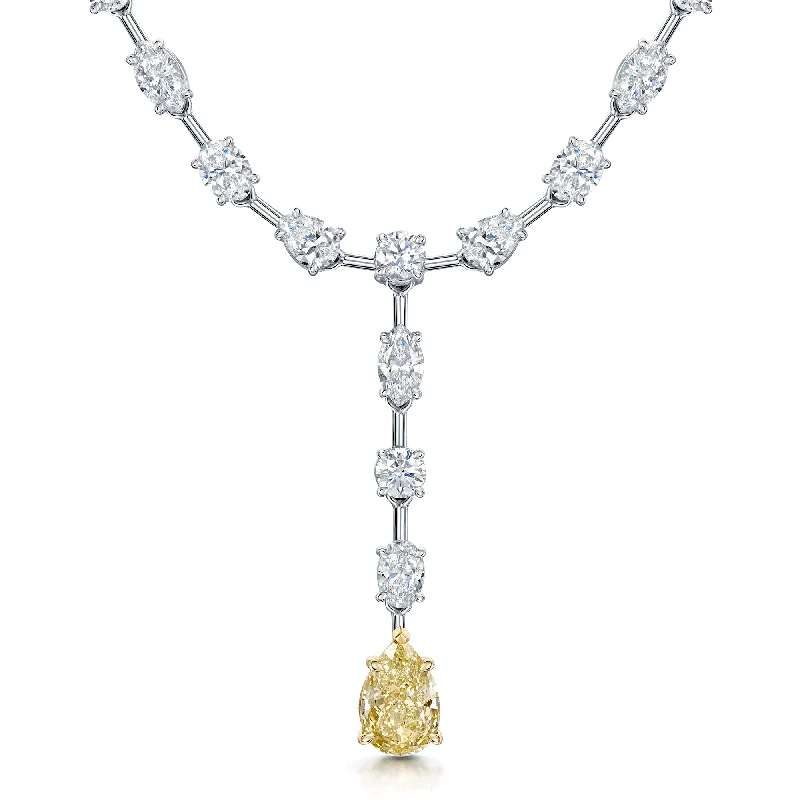 Personalized Crystal Necklace for Women-18ct White Gold Pear Cut Fancy Yellow Diamond Necklet With Mixed Cut Diamond Surrounding