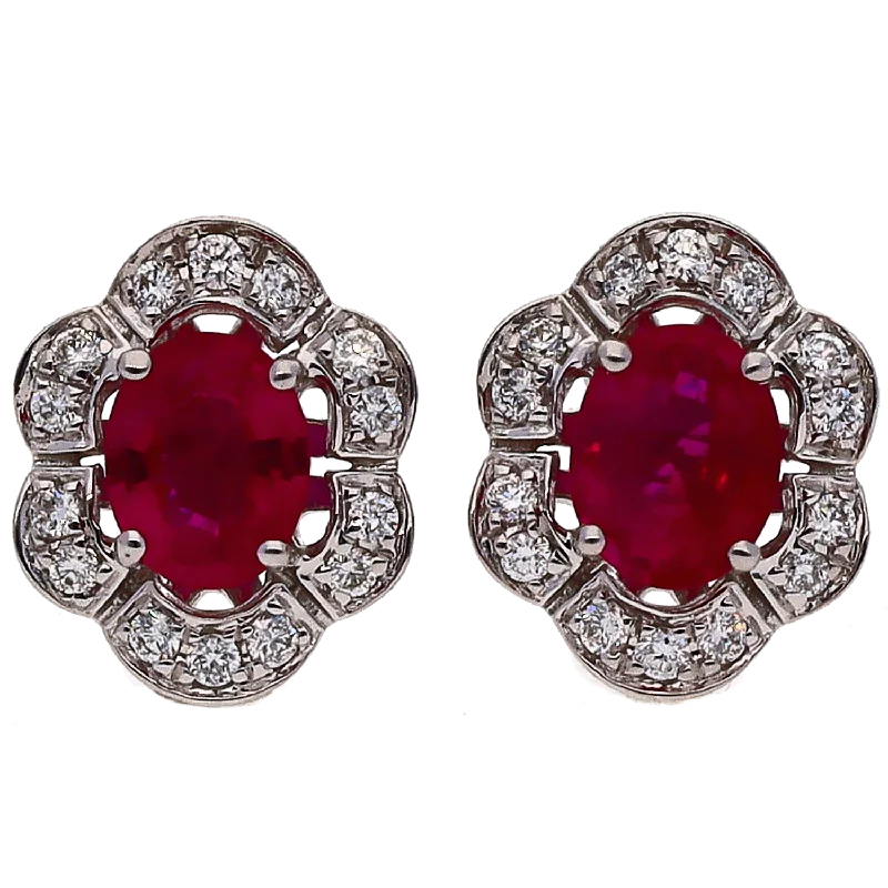 Matching Earrings and Necklace Set-14K White Gold Oval Ruby with Diamond Halo Stud Earrings