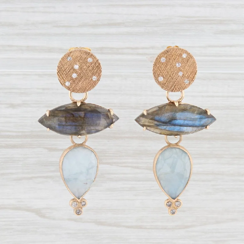 Stunning Drop Earrings for Evening Wear-New Nina Nguyen Dangle Earrings 18k Yellow Gold Diamond Labradorite Aquamarine