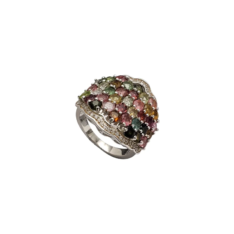 Elegant Diamond Engagement Ring with Unique Setting-Zirconia Multicolor Gemstone Ring (Silver)