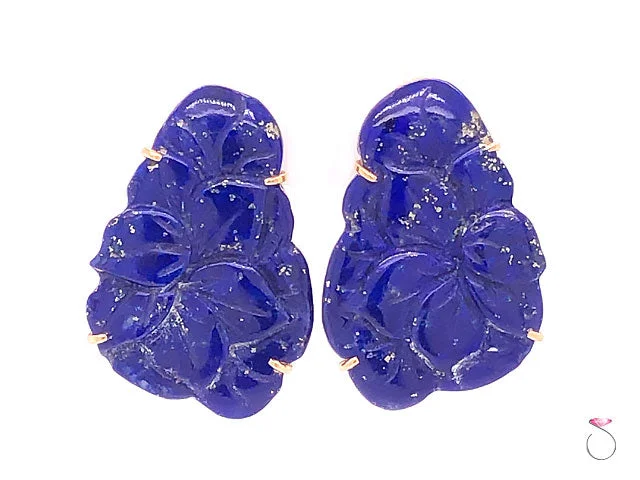 Elegant Bridal Earrings for Wedding Day-Vintage Carved Lapis Lazuli Floral Earrings