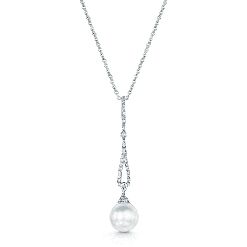 Bohemian Stone Necklace with Silver Details-18ct White Gold Cultured Pearl & Round Brilliant Cut Diamond Drop Pendant