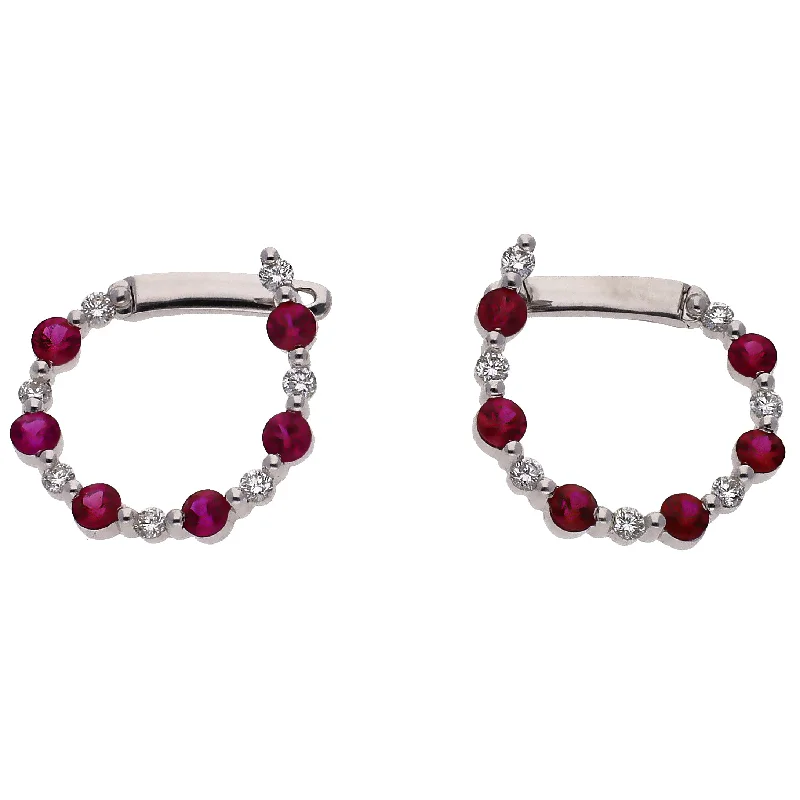 Personalized Engraved Earrings-18K White Gold Ruby & Diamond Left/Right Hoop Earrings