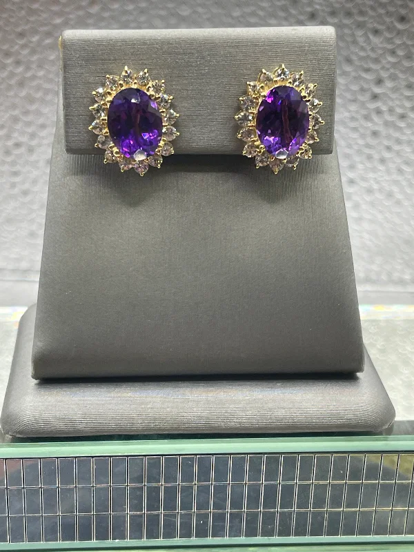 Elegant Cuff Earrings for Women-Ladies 14 Karat Oval Yellow Gold Amethyst and Cubic Zircon Earrings