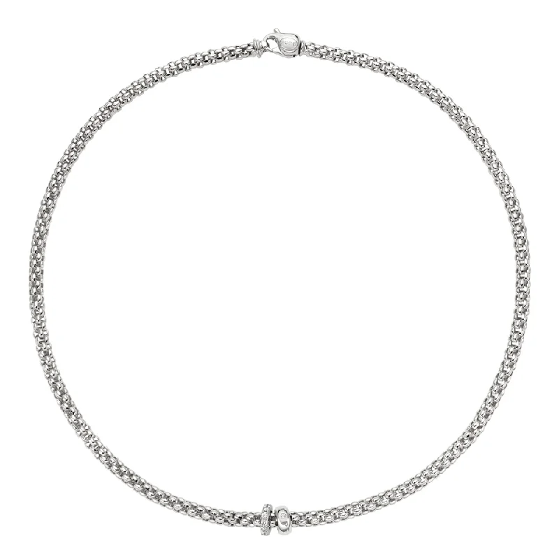 Elegant Long Necklace with Crystal Pendants-Solo 18ct White Gold Collection Necklace with Pave Diamond Set Rondels