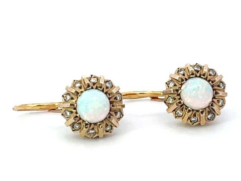 Vintage Gemstone Earrings for Women-100 Year Old Antique Opal Diamond Earrings 14k Yellow Gold