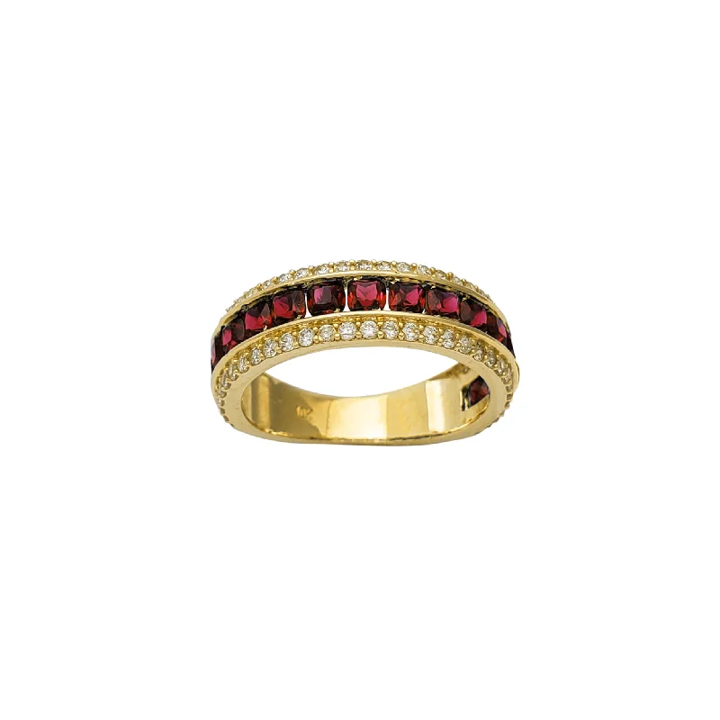 Elegant Ring with Diamond Halo and Sapphire Center-Zirconia Red Channel Setting Wedding Band (10K)