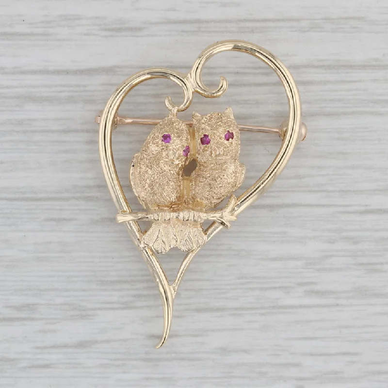 Silver Brooch For Formal Outfits-Vintage Love Birds Heart Brooch 14k Yellow Gold Pin Lab Created Rubies