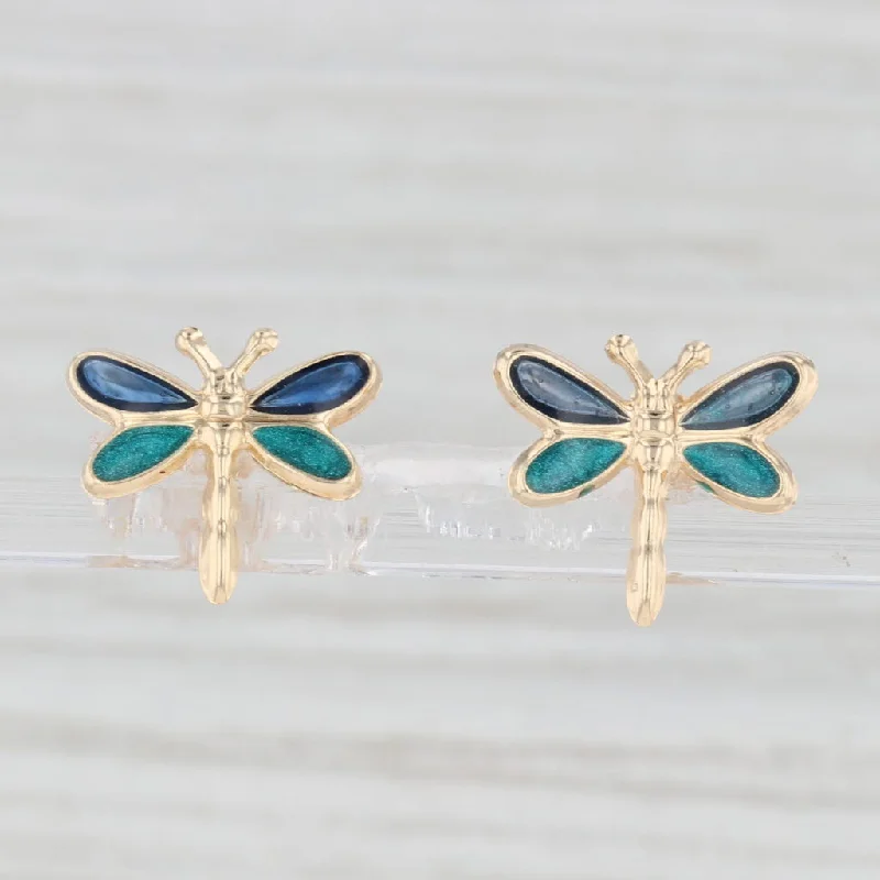 Gold Earrings for Special Occasions-Dragonfly Stud Earrings 14k Yellow Gold Blue Enamel Insect Jewelry