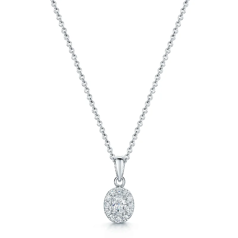 Customizable Necklace for Personalized Gifts-18ct White Gold Oval Cut Diamond Halo Drop Pendant