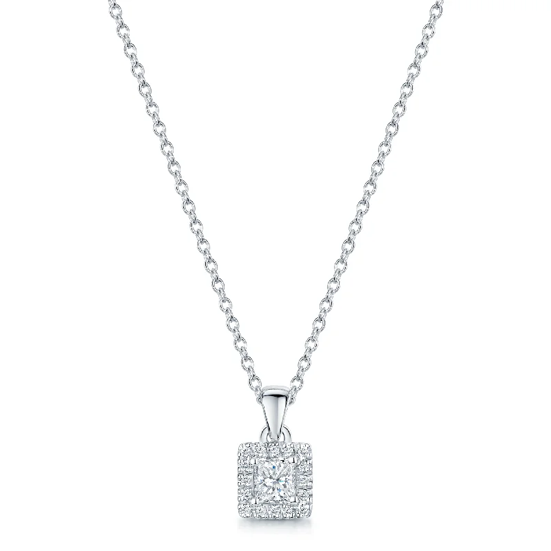 Simple Silver Necklace with Large Pendant-18ct White Gold Princess Cut Diamond Halo Pendant