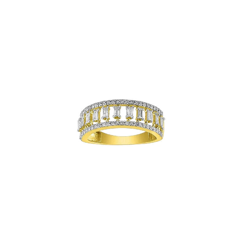 Designer Gold Ring with Oval Diamond-[7.0mm] Diamond Baguettes & Round Wedding Band Ring (14K)