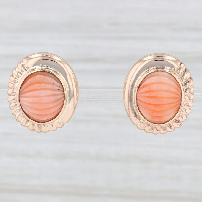 Customizable Earrings for Every Occasion-Carved Coral Cabochon Stud Earrings 14k Rose Gold Pierced Omega Backs