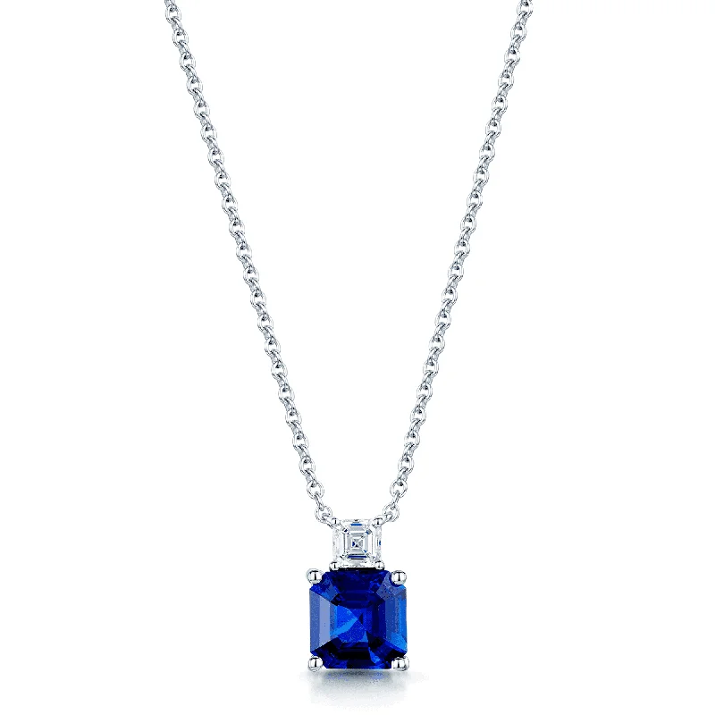 Trendy Pendant Necklace for Casual Look-18ct White Gold Claw Set Step-Cut Blue Sapphire & Asscher Cut Diamond Pendant