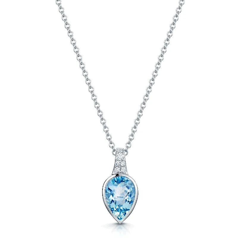 Large Pendant Necklace with Silver Chain-18ct White Gold Pear Cut Aquamarine And pave Diamond Set Pendant