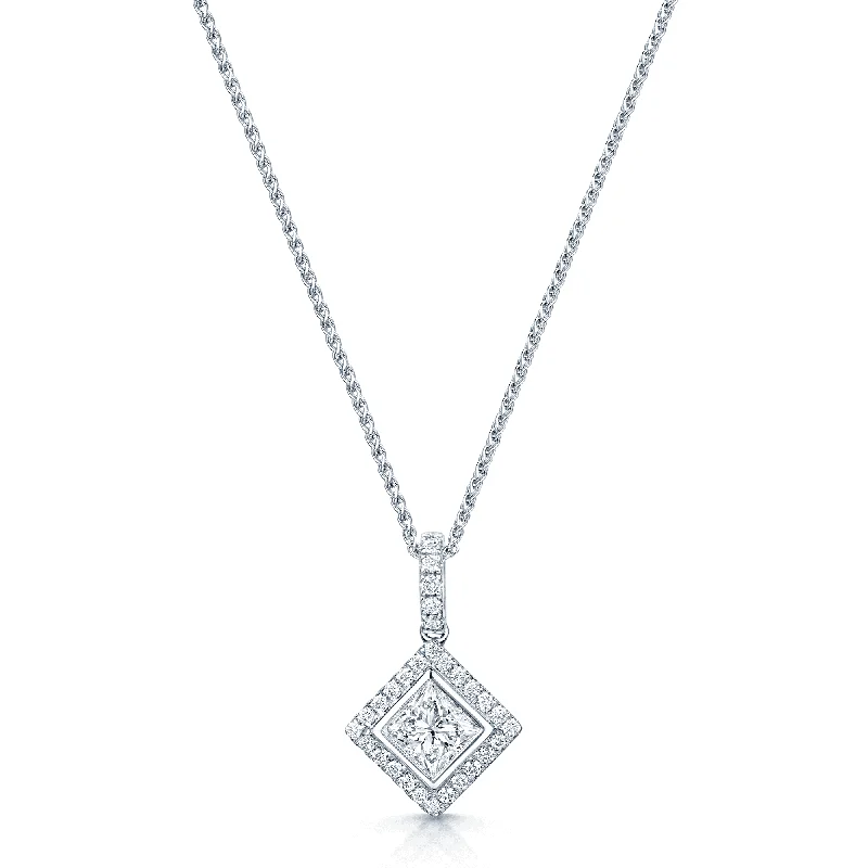 Luxury Pearl Necklace for Bridesmaid Gifts-18ct White Gold Princess Cut Diamond Rub Over Halo Cluster Pendant With A Diamond Bale