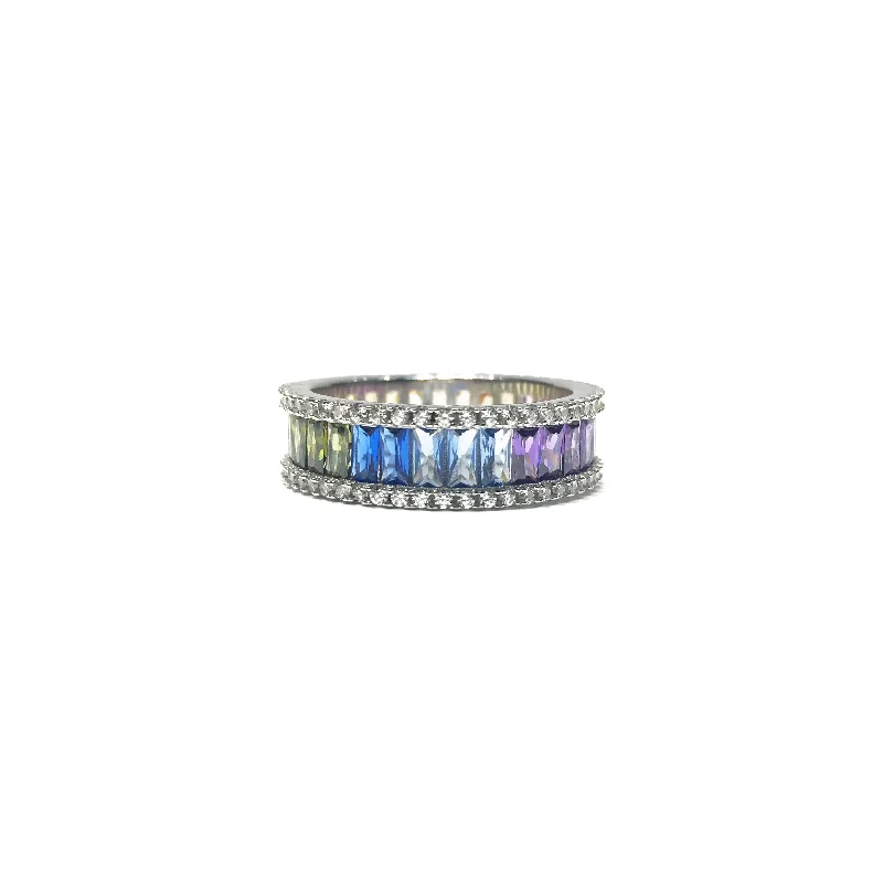 Classic Wedding Ring with Oval Diamond for Grooms-Multi-Color CZ Eternity Ring (Silver)