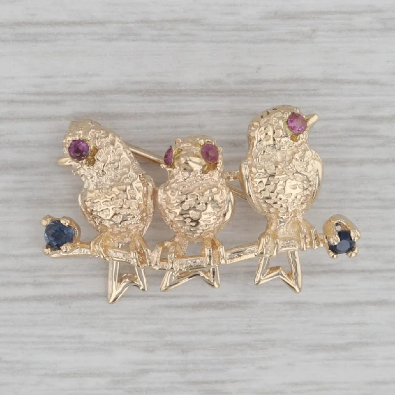 Brooch For Wedding Jewelry-Birds on a Branch Brooch 14k Gold 0.24ctw Ruby Sapphire Pin