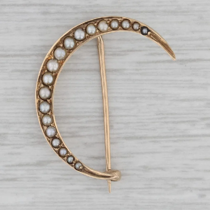 Designer Brooch For Bridal Wear-Vintage Seed Pearl Crescent Moon Brooch 14k Gold Pin