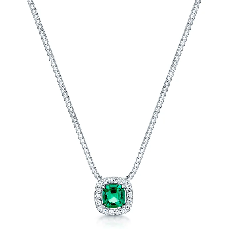 Classic Silver Necklace for Casual Look-18ct White Gold Square Cut Emerald And Diamond Halo Pendant