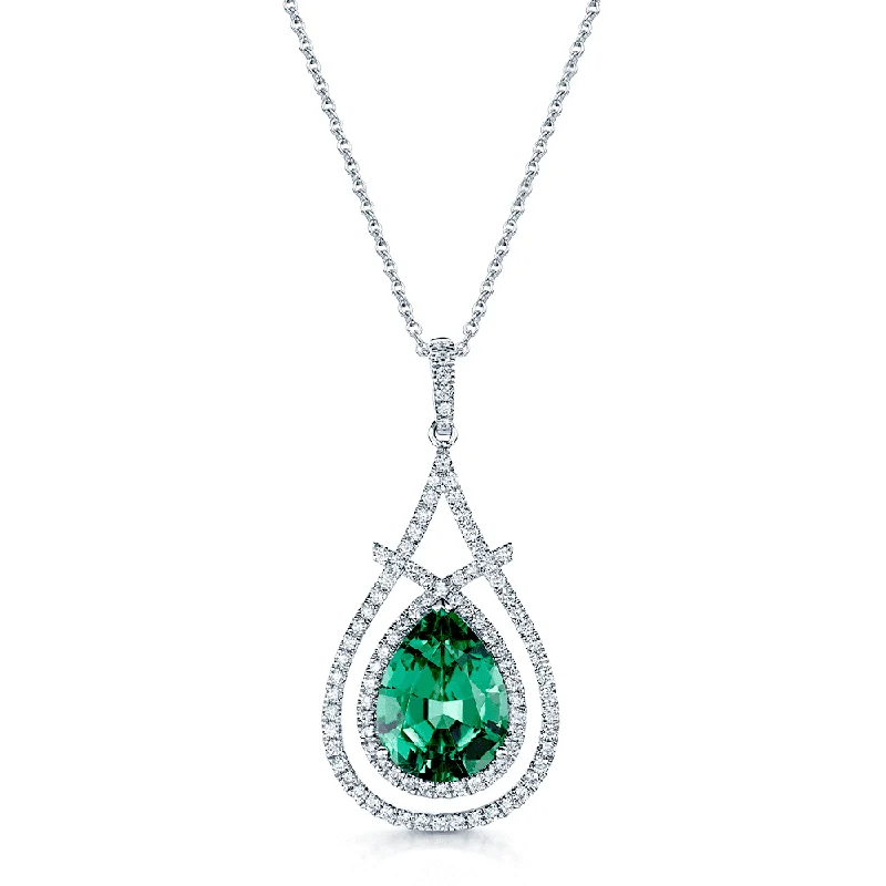 Colorful Chain Necklace for Summer Festivals-18ct White Gold Pear Shape Nambian Lagoon Green Tourmaline and Diamond Double Halo Pendant