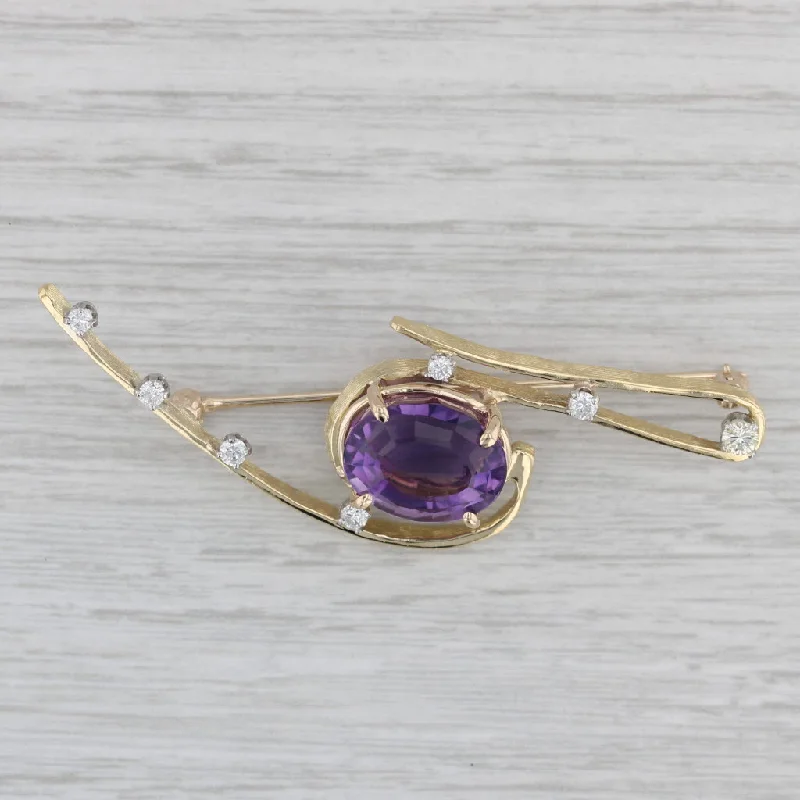 Retro Brooch For Jackets-4.15ctw Amethyst Diamond Brooch 18k Yellow Gold Vintage Statement Pin