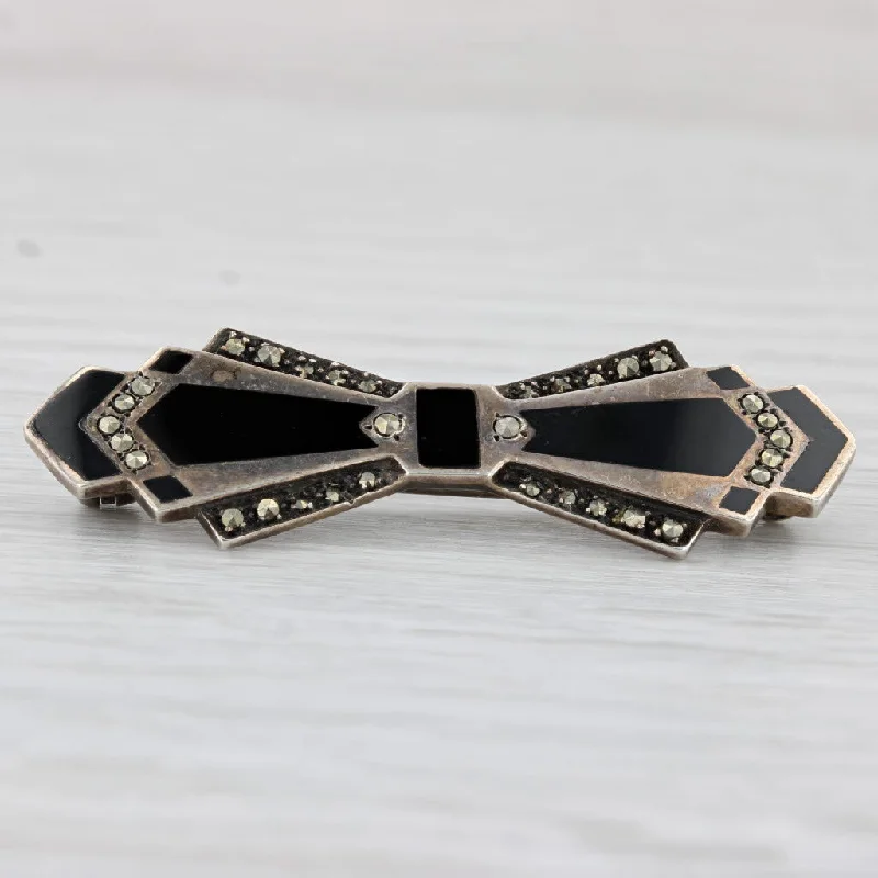 Vintage Style Gemstone Brooch-Art Deco Vintage Onyx Marcasite Bow Brooch Sterling Silver Pin